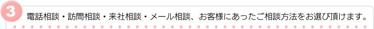 電話相談・訪問相談・来社相談・メール相談、お客様にあったご相談方法をお選びいただけます。